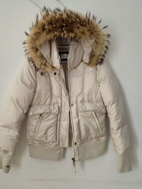 Mackage Ivory Down Puffer Bomber Jacket Fur Trim Leather Accents